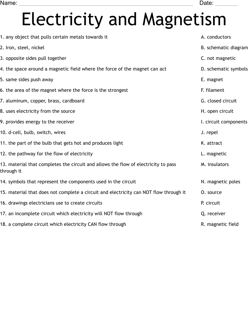 Electricity and Magnetism Worksheet