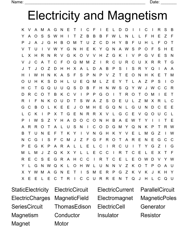 Electricity and Magnetism Word Search