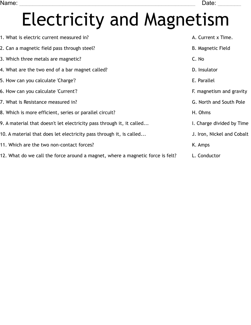 Electricity and Magnetism Worksheet