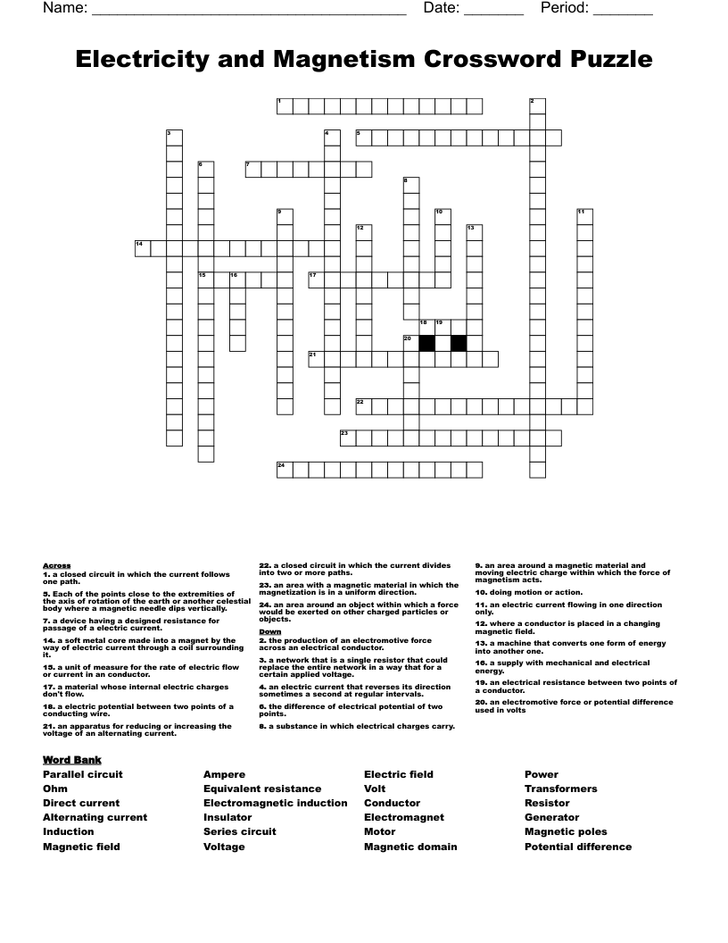 Electricity and Magnetism Crossword Puzzle
