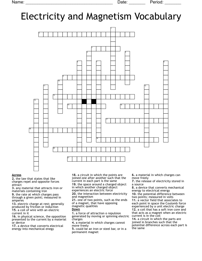 Electricity and Magnetism Vocabulary Crossword