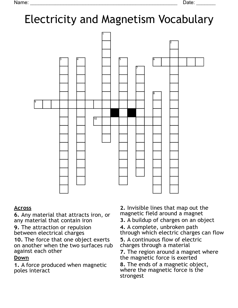 Electricity and Magnetism Vocabulary Crossword