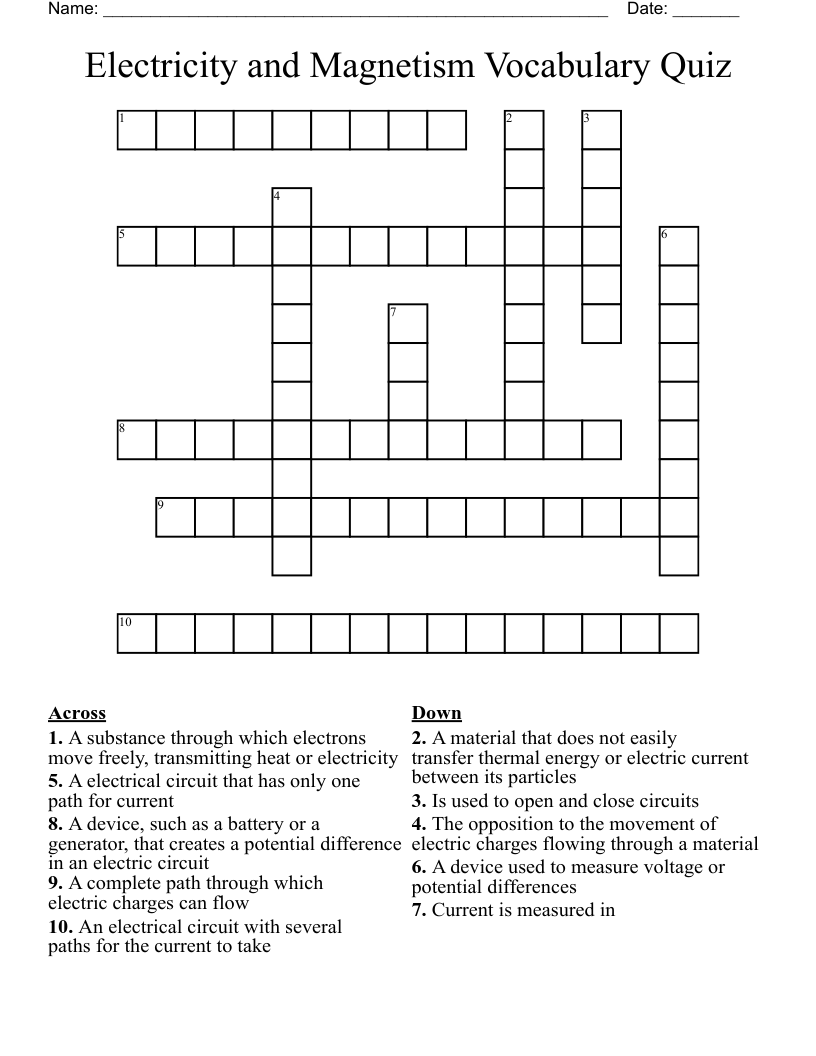 Electricity and Magnetism Vocabulary Quiz Crossword