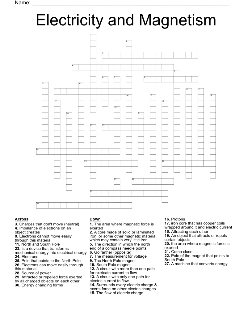 Electricity and Magnetism  Crossword