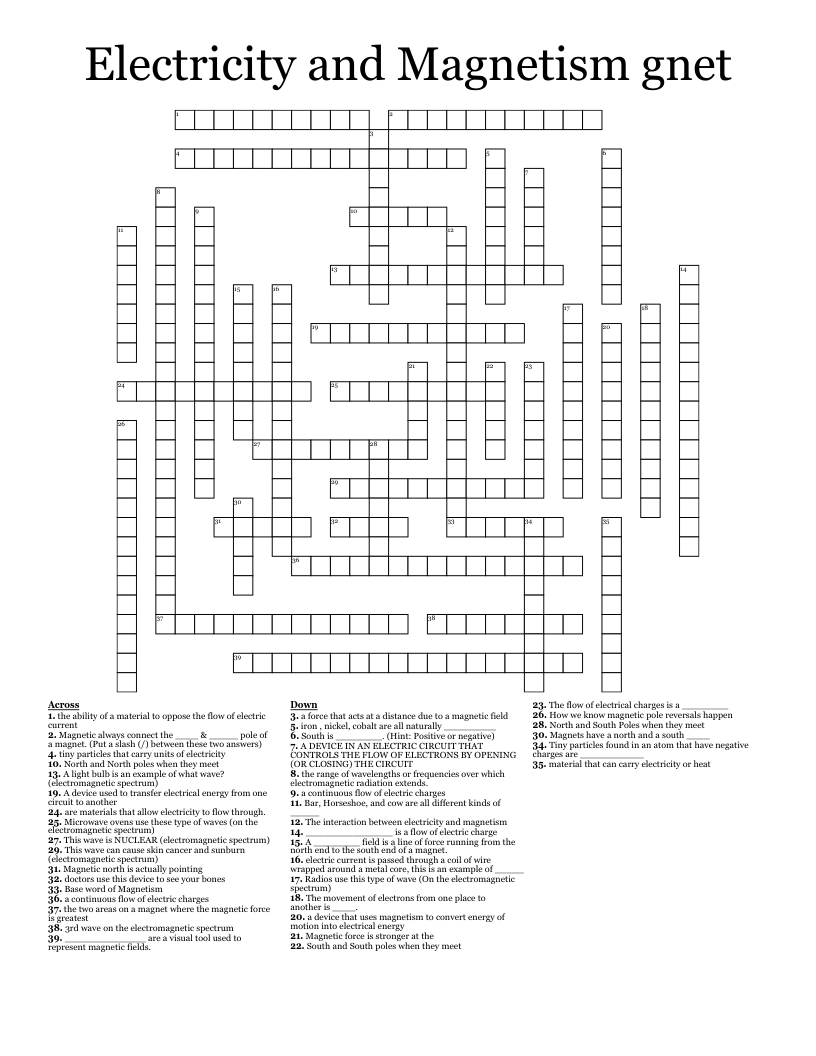 Electricity and Magnetism gnet Crossword