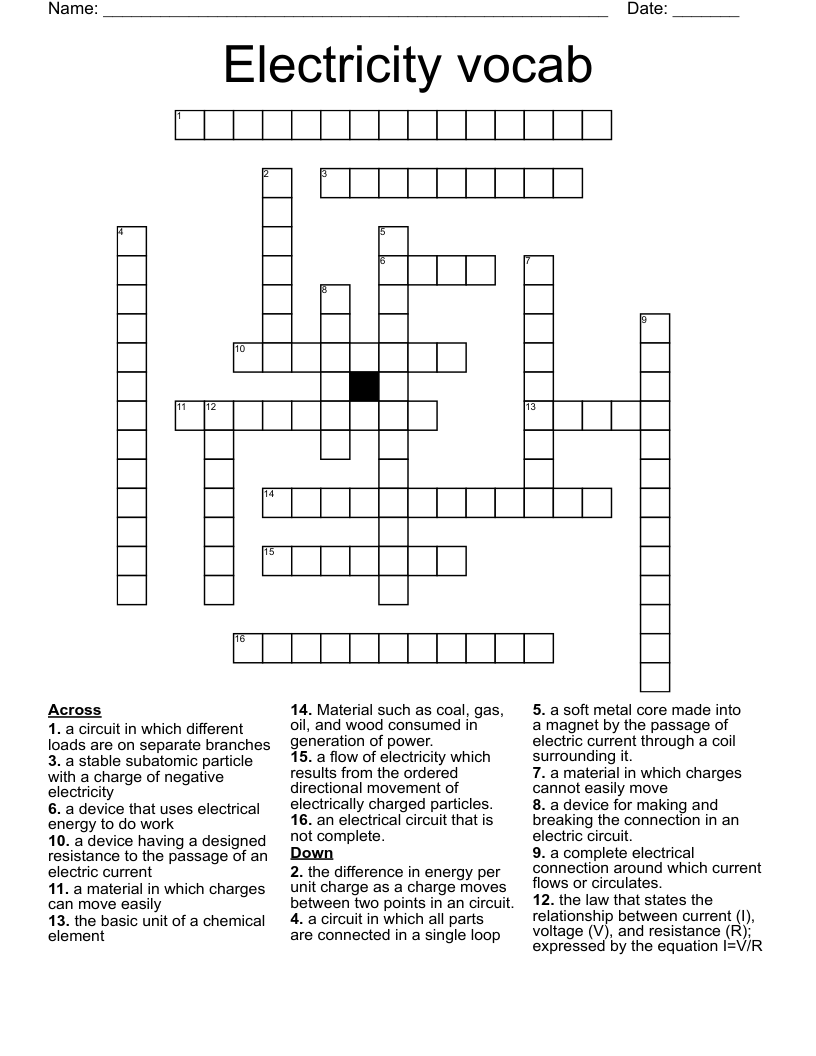 Electricity vocab Crossword