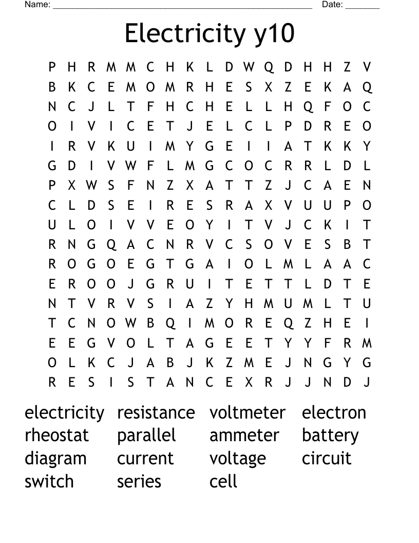 Electricity y10 Word Search