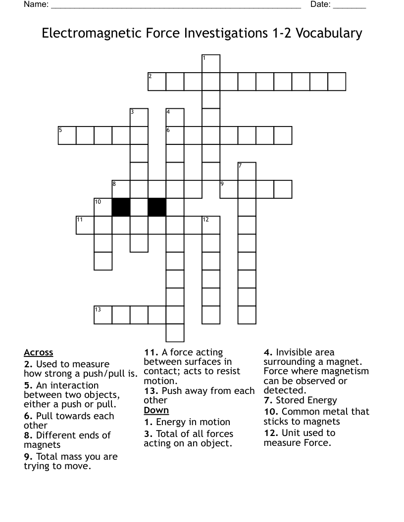 Electromagnetic Force Investigations 1-2 Vocabulary Crossword