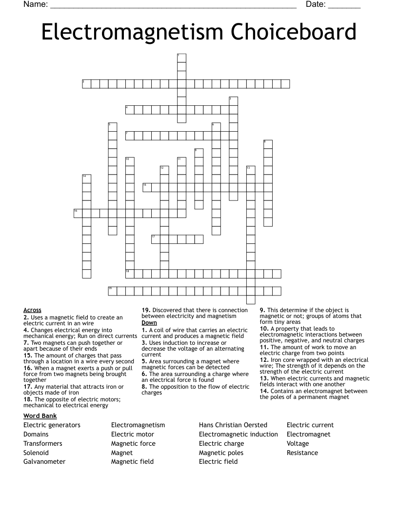 Electromagnetism Choiceboard Crossword