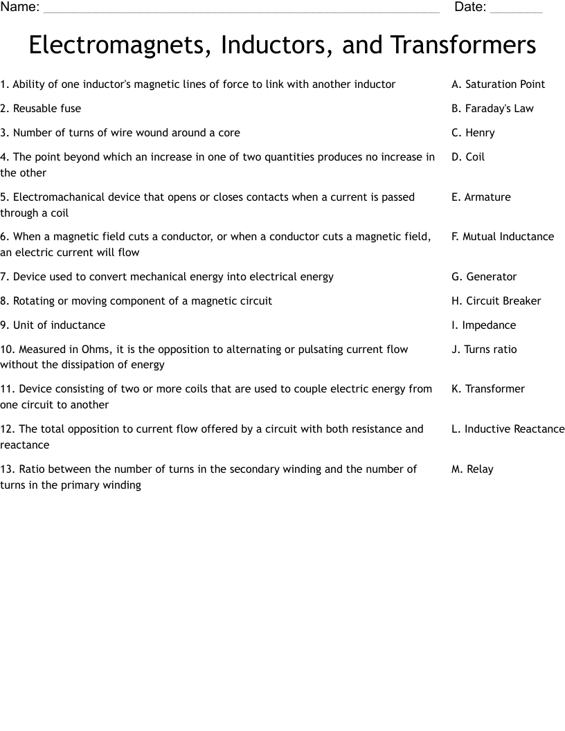 Electromagnets, Inductors, and Transformers Worksheet