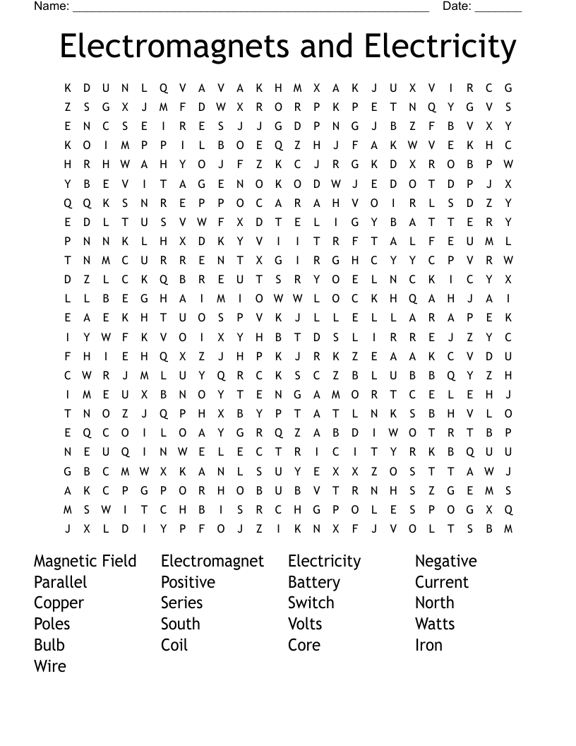 Electromagnets and Electricity Word Search