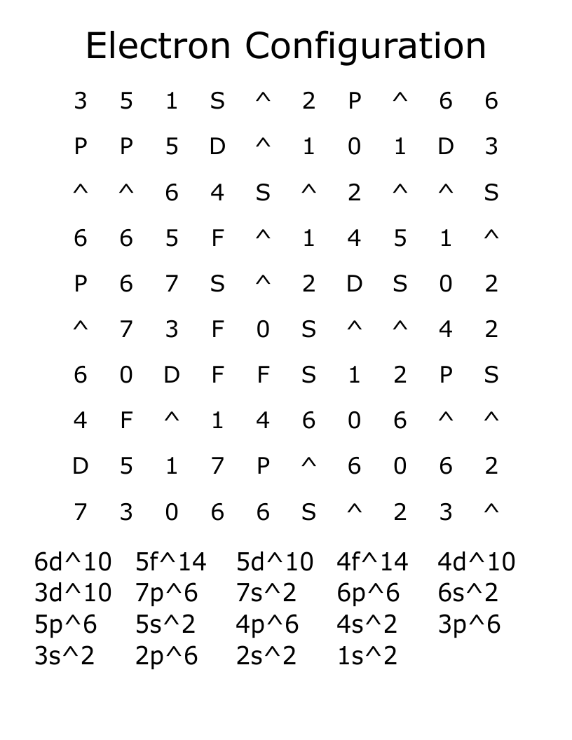 Electron Configuration Word Search