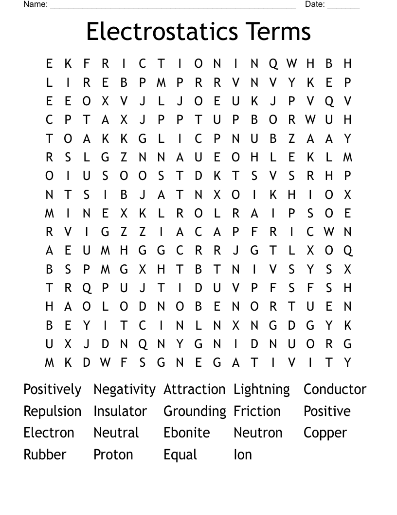 Electrostatics Terms Word Search