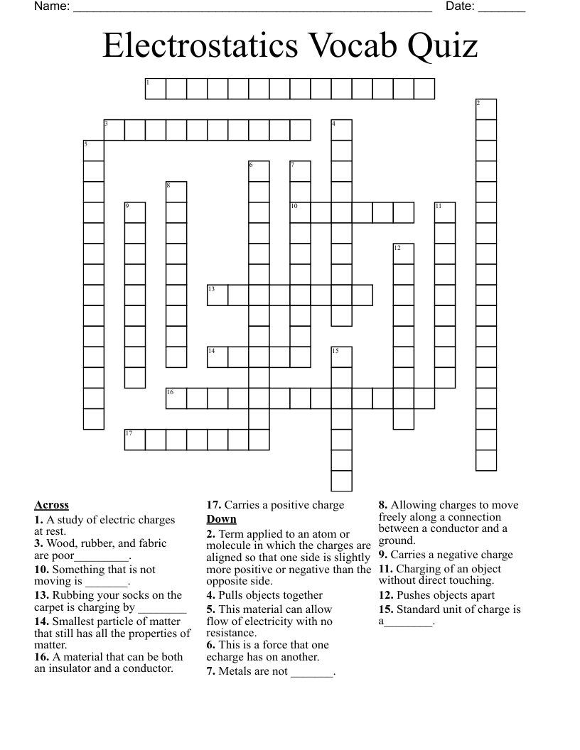Electrostatics Vocab Quiz Crossword