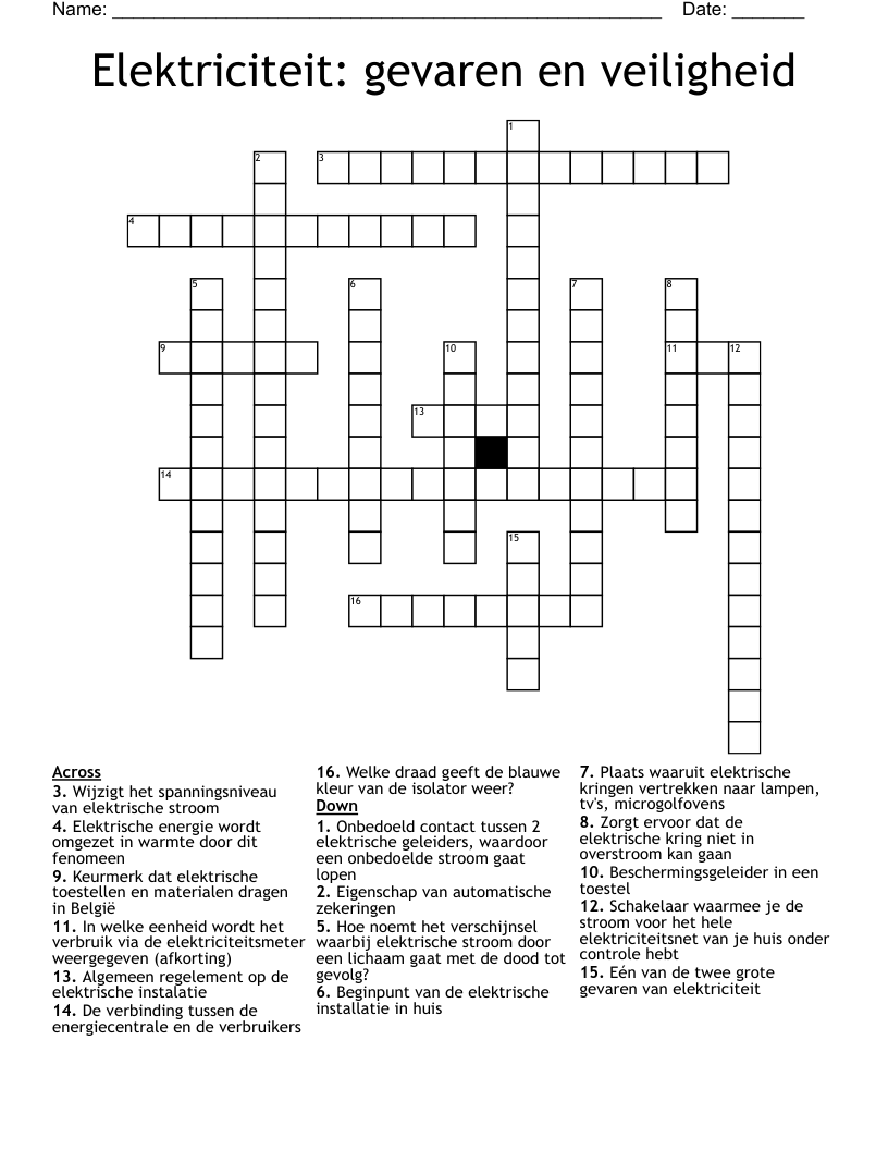 Elektriciteit: gevaren en veiligheid Crossword