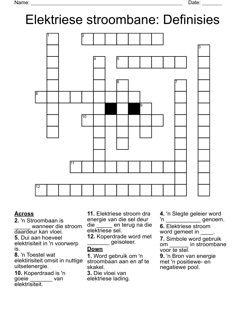 Elektriese stroombane: Definisies Crossword