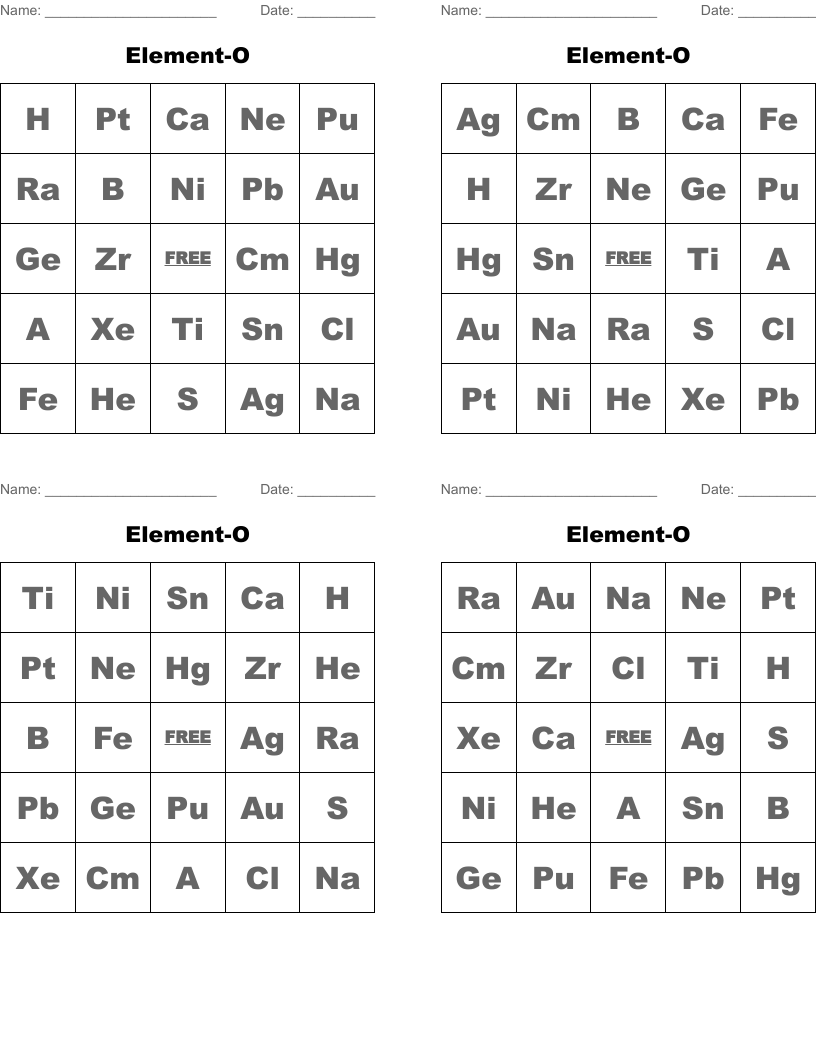 Element-O Bingo Cards