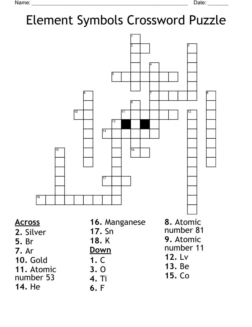 Element Symbols Crossword Puzzle