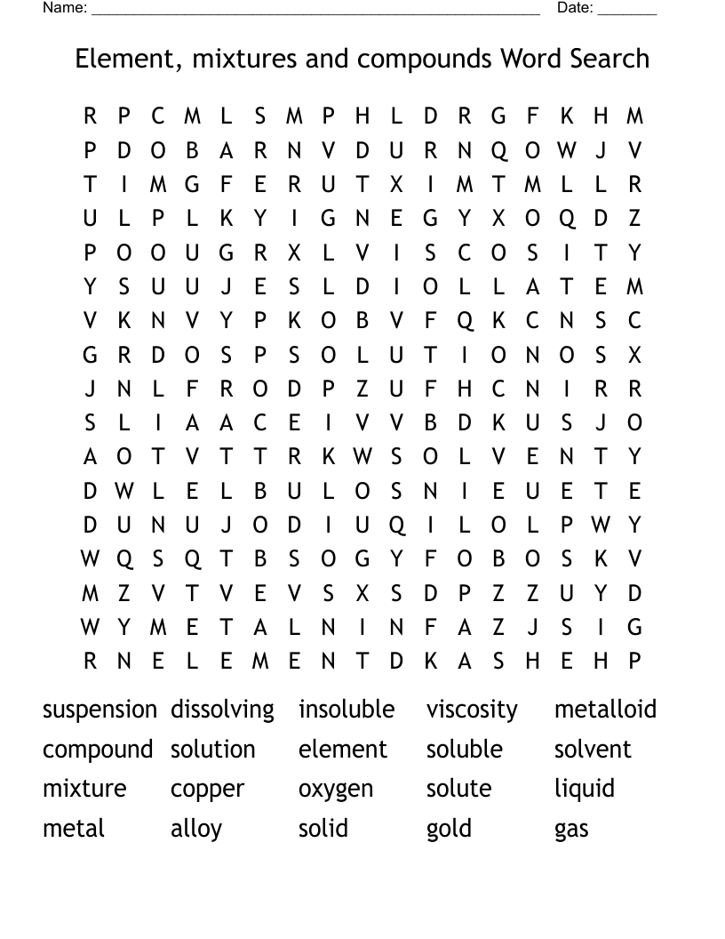 Element, mixtures and compounds Word Search