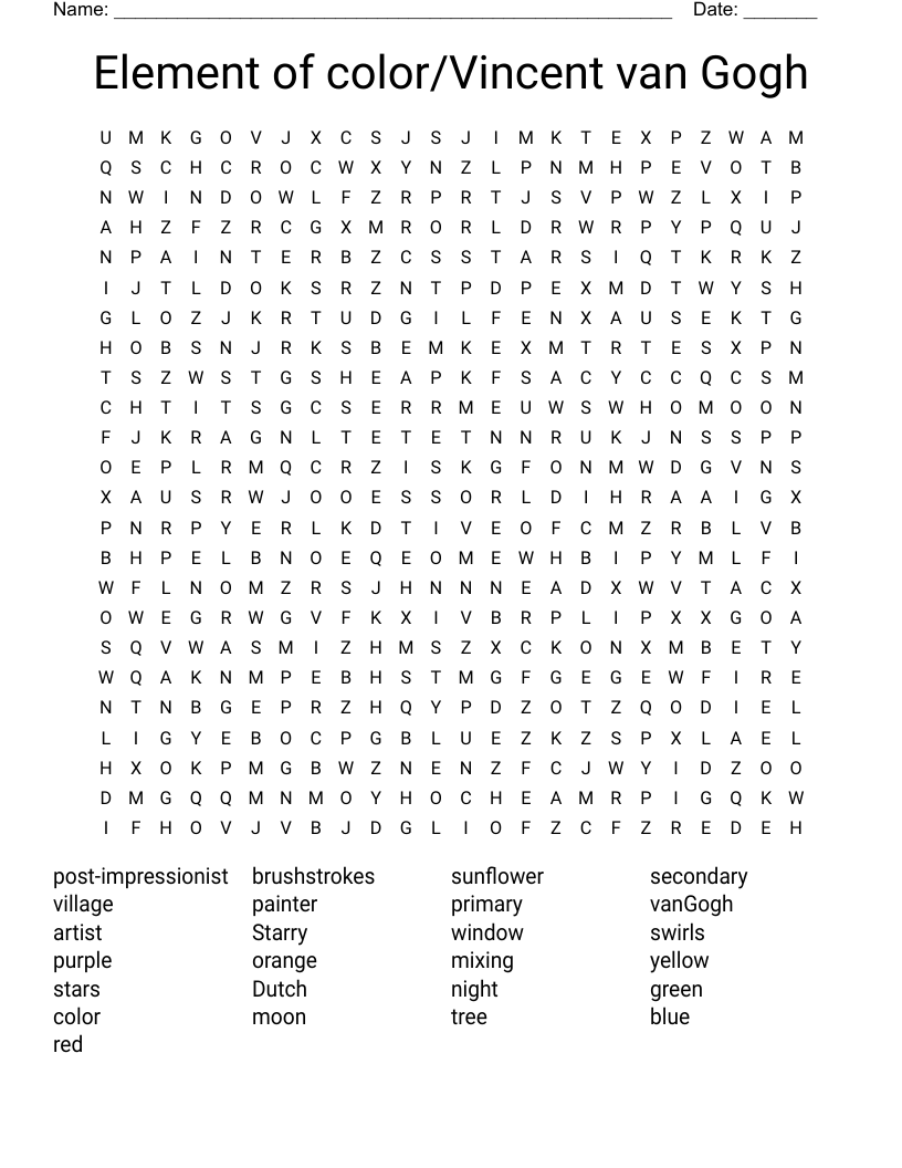 Element of color/Vincent van Gogh Word Search