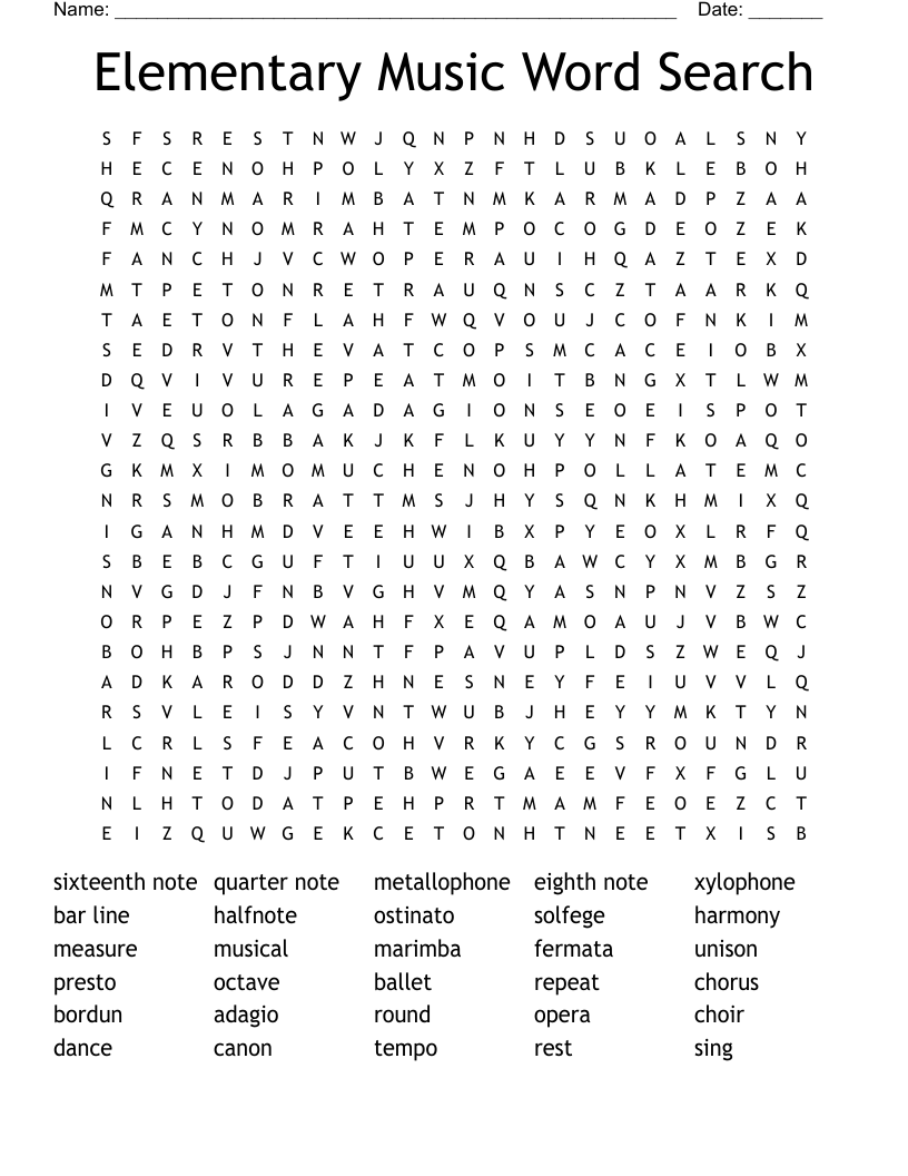 Elementary Music Word Search