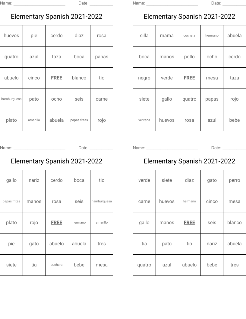 Elementary Spanish 2021-2022 Bingo Cards