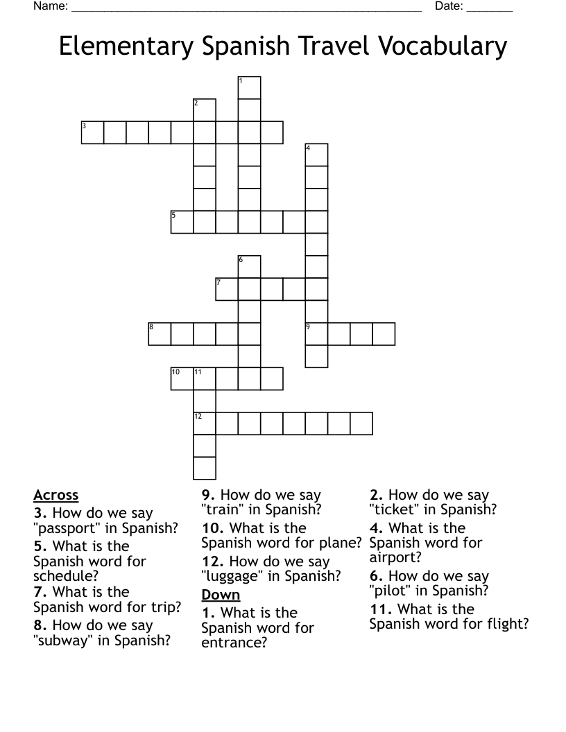 Elementary Spanish Travel Vocabulary Crossword