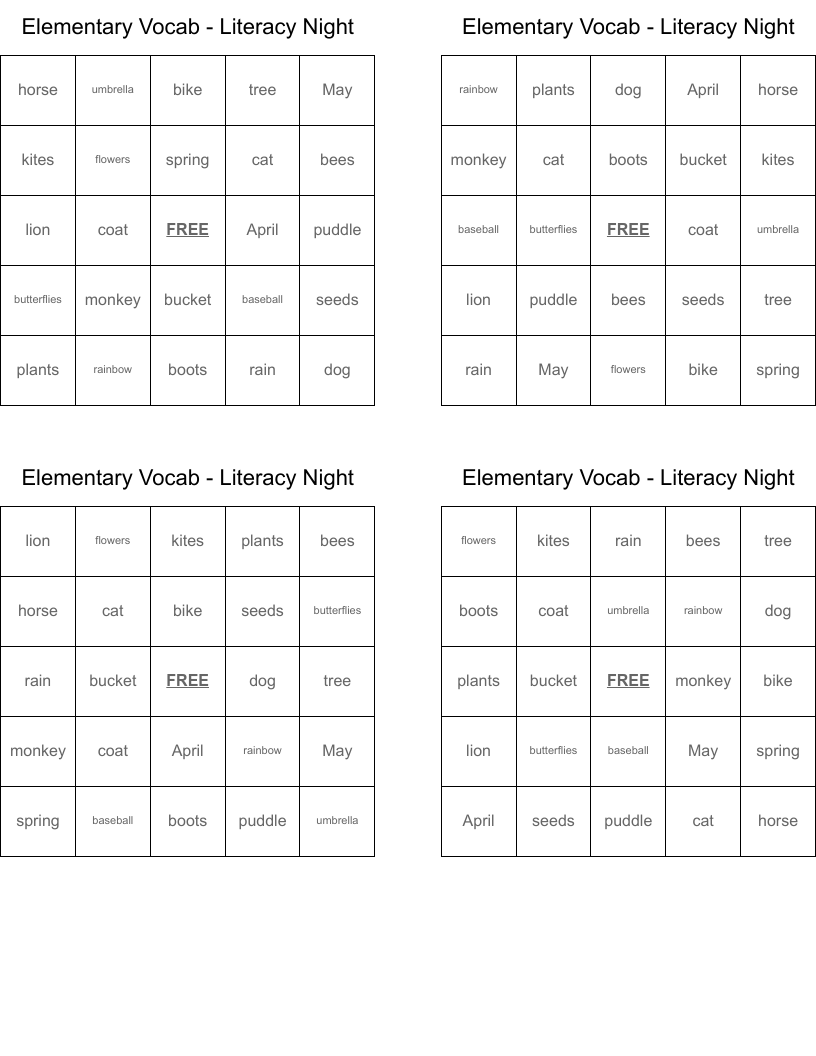 Elementary Vocab - Literacy Night Bingo Cards
