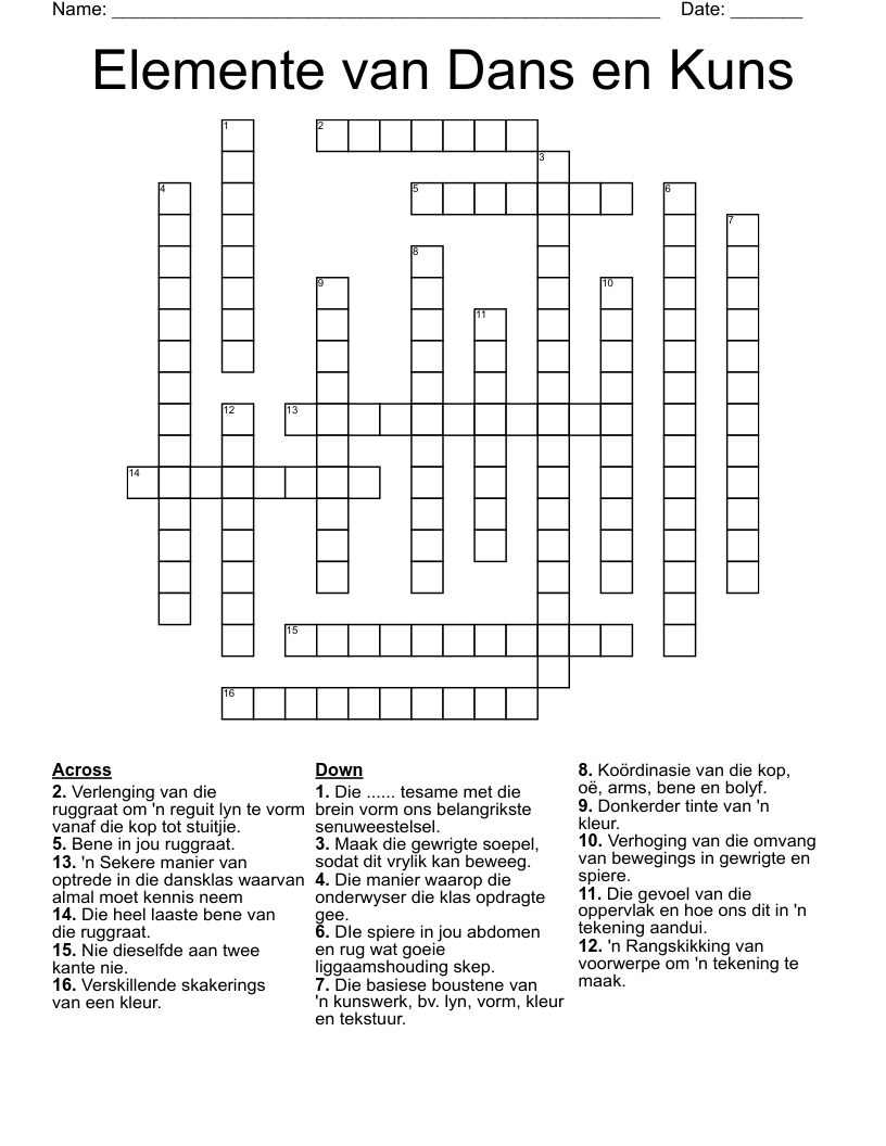 Elemente van Dans en Kuns Crossword