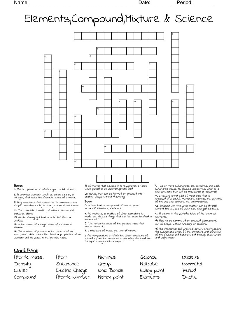 Elements,Compound,Mixture & Science Crossword