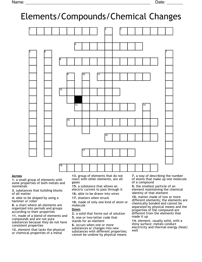 Elements/Compounds/Chemical Changes Crossword