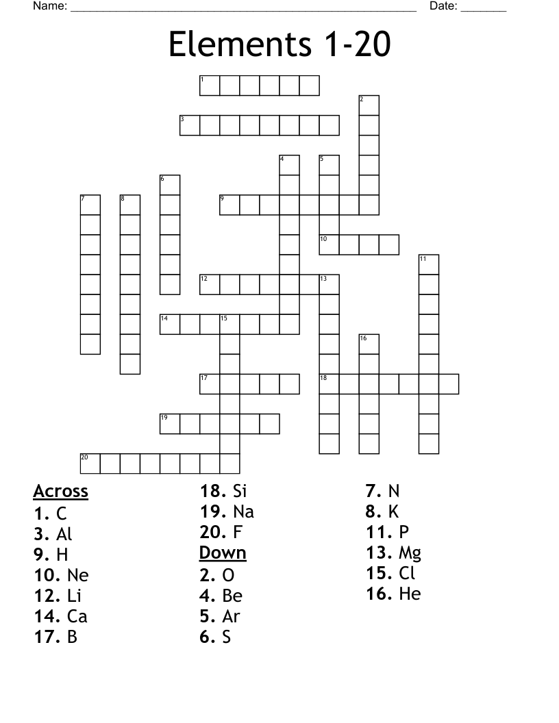 Elements 1-20 Crossword