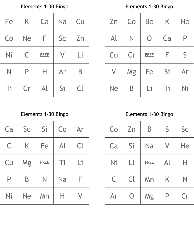 Elements 1-30 Bingo
