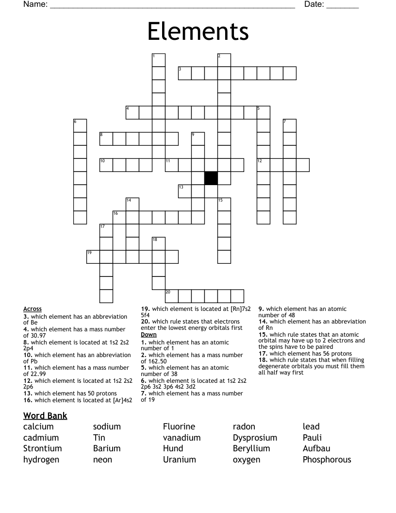 Elements Crossword