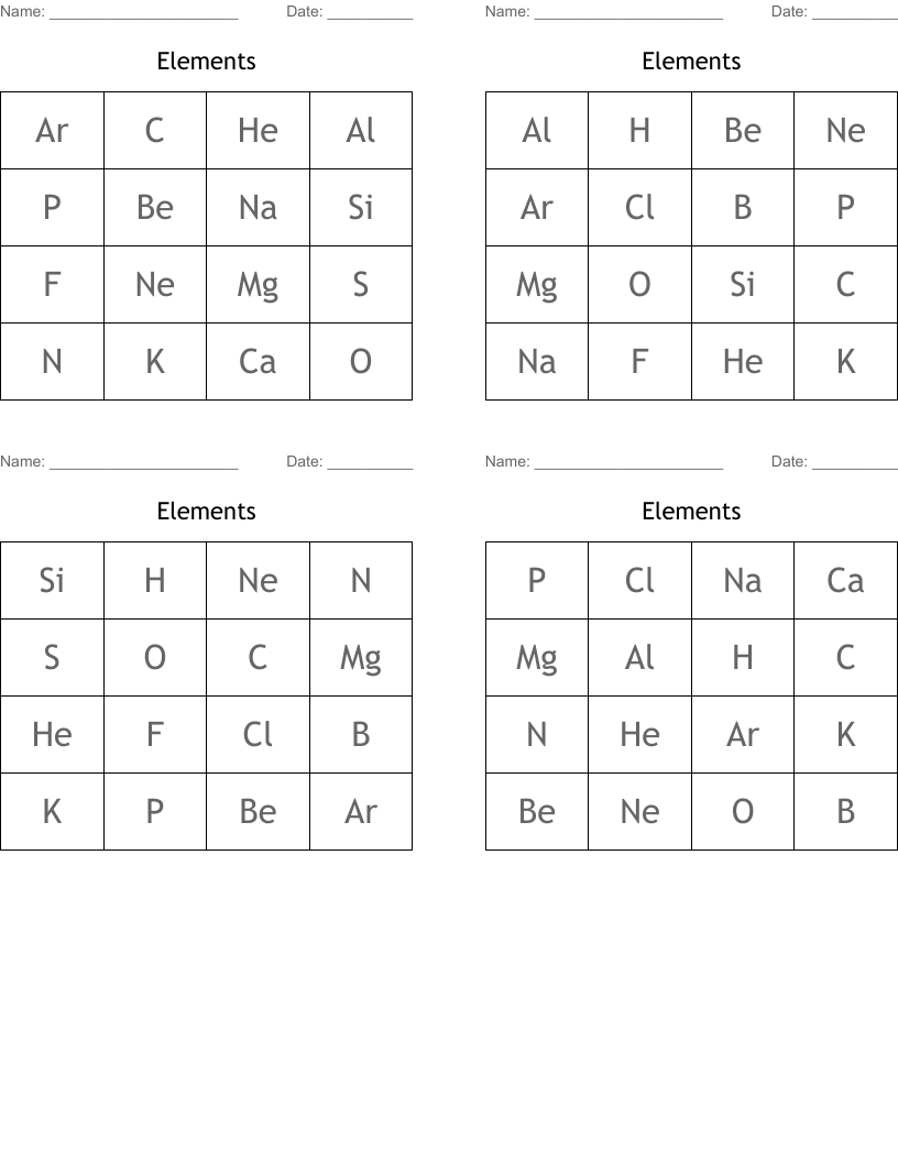 Elements Bingo Cards
