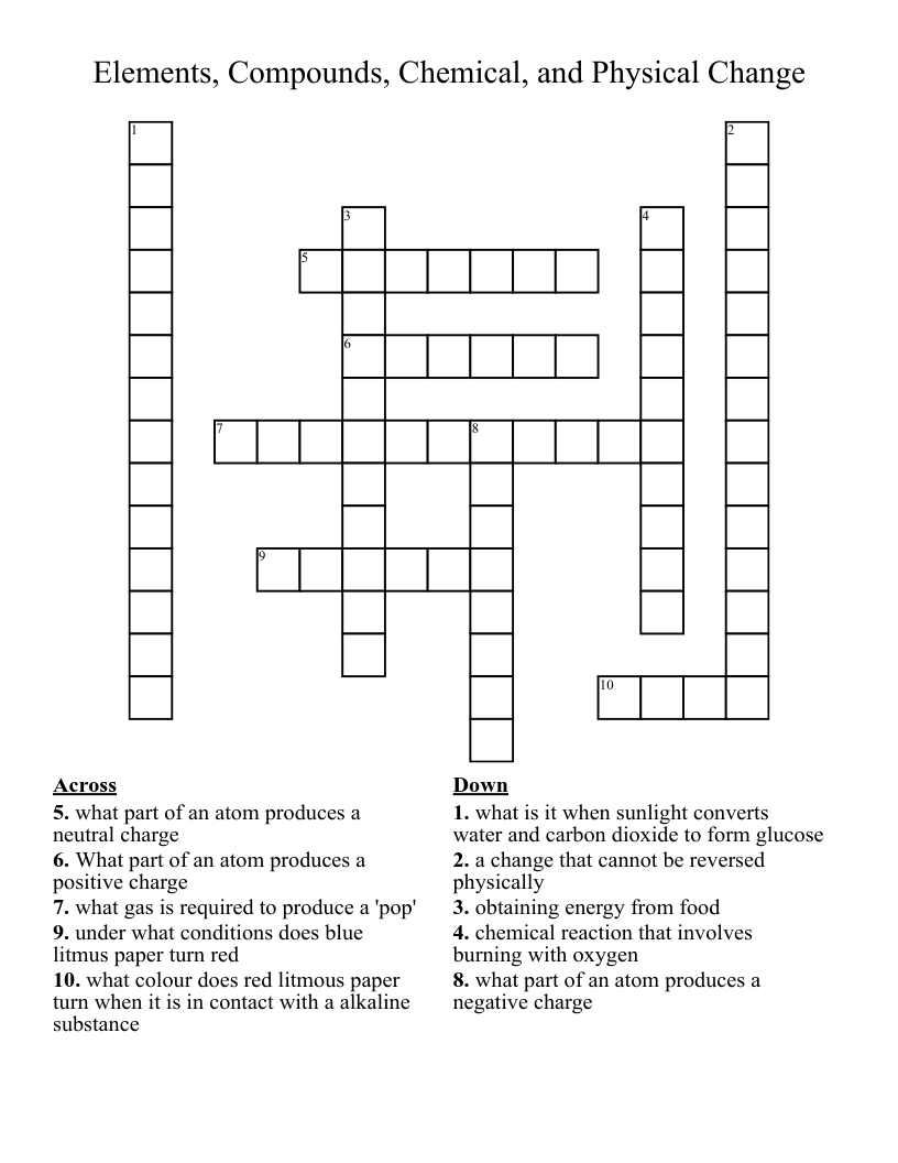 Elements, Compounds, Chemical, and Physical Change Crossword