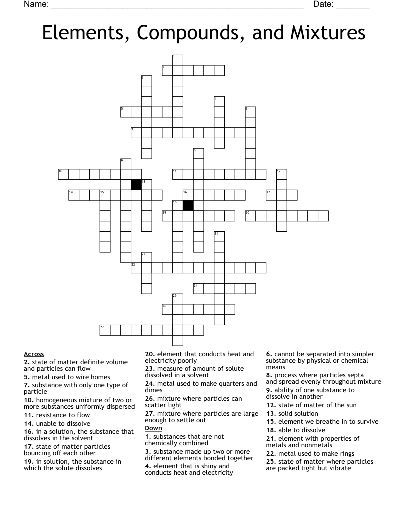 Elements, Compounds, and Mixtures Crossword