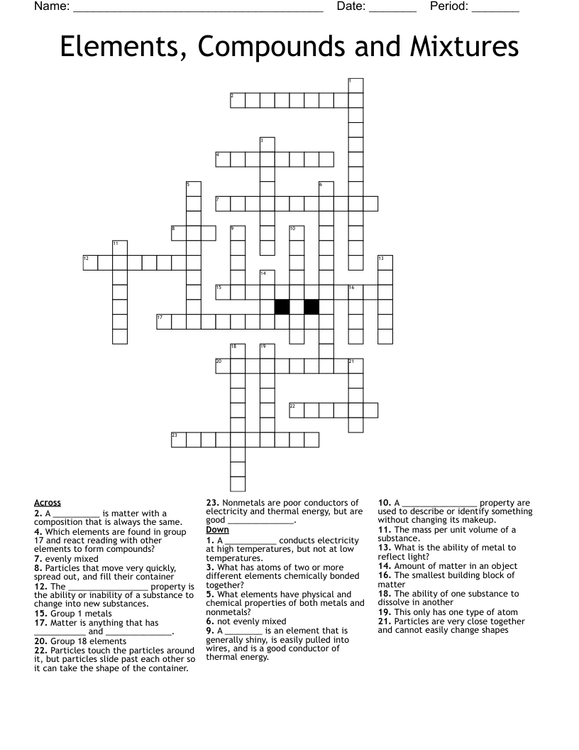 Elements, Compounds and Mixtures Crossword