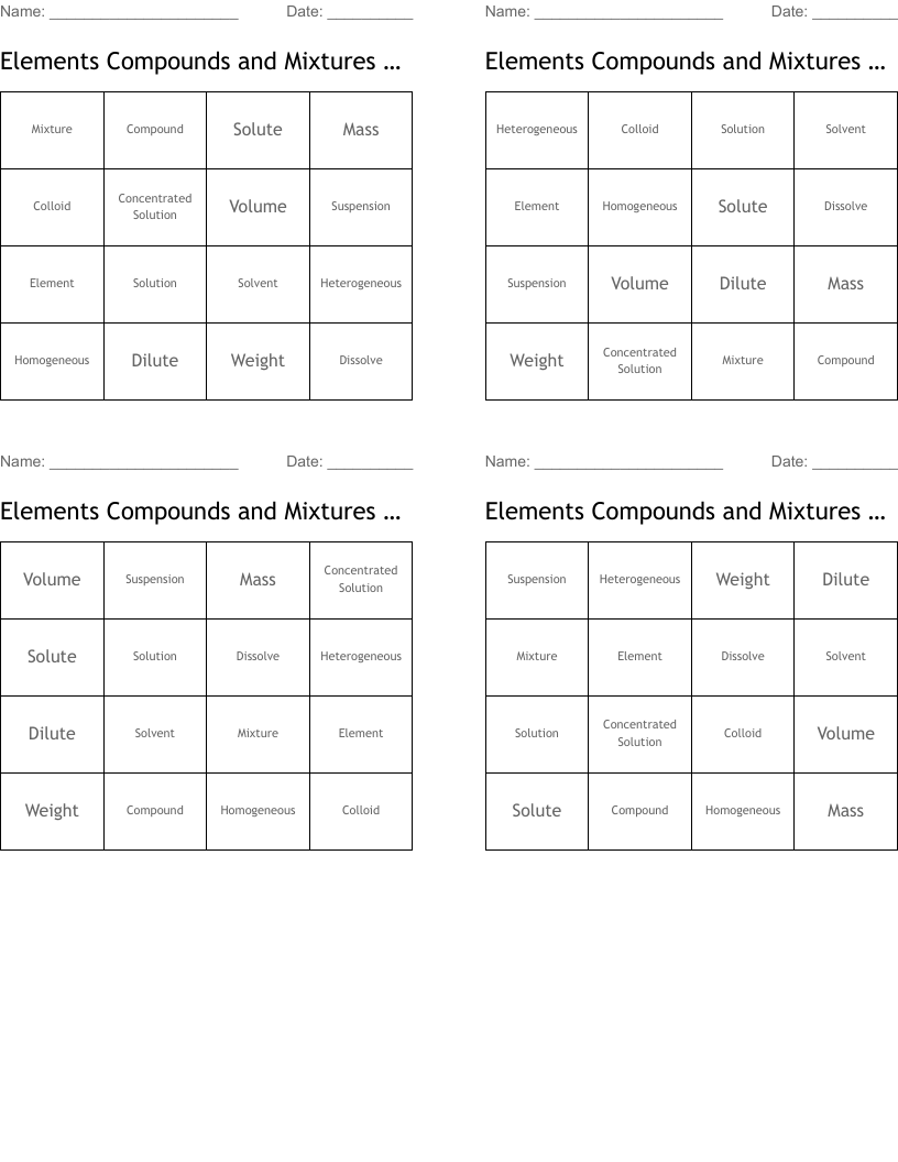 Elements Compounds and Mixtures Bingo