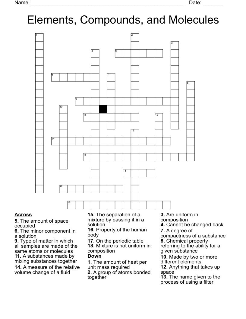 Elements, Compounds, and Molecules  Crossword