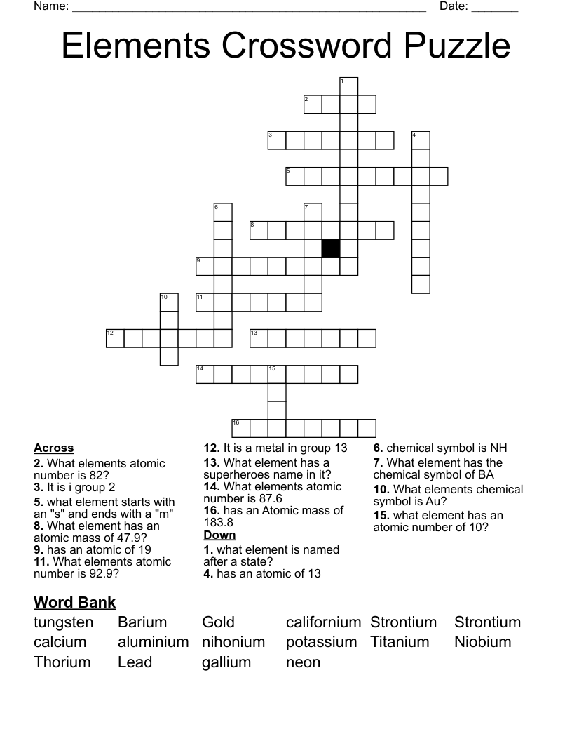 Elements Crossword Puzzle
