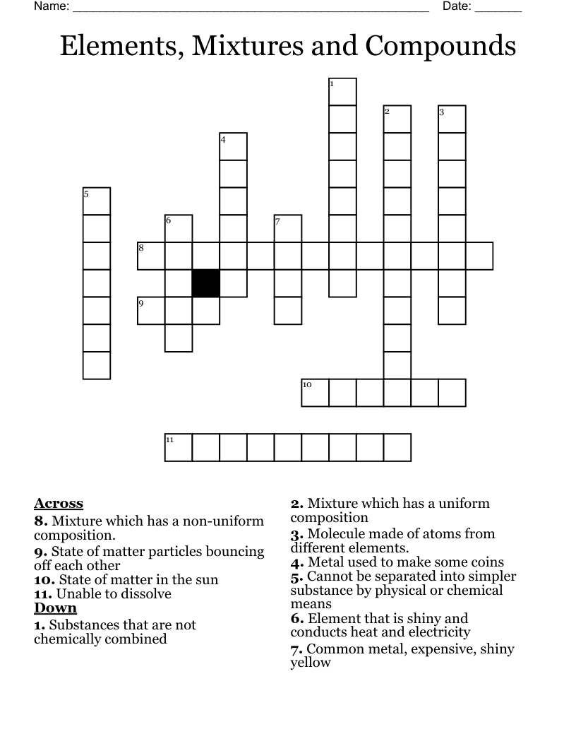 Elements, Mixtures and Compounds Crossword