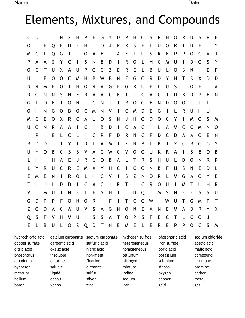 Elements, Mixtures, and Compounds Word Search
