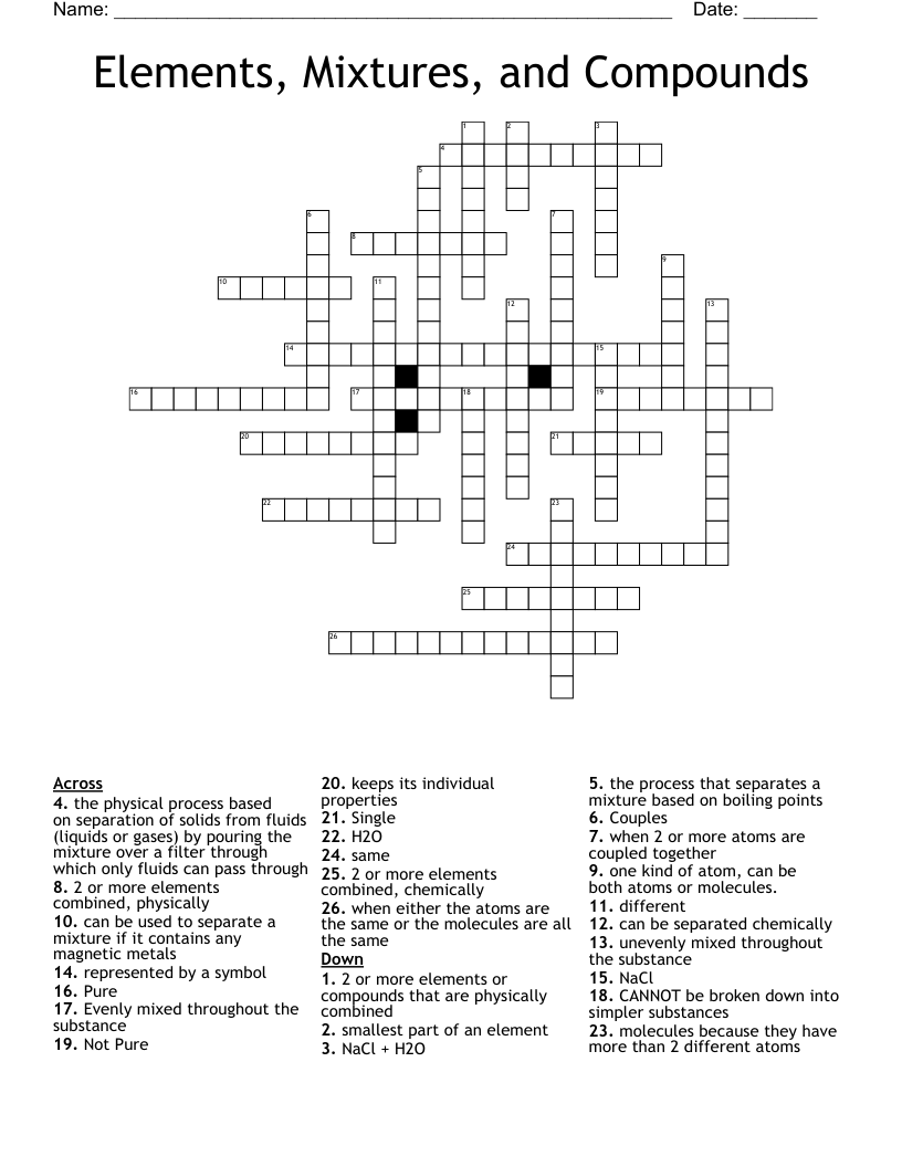 Elements, Mixtures, and Compounds Crossword
