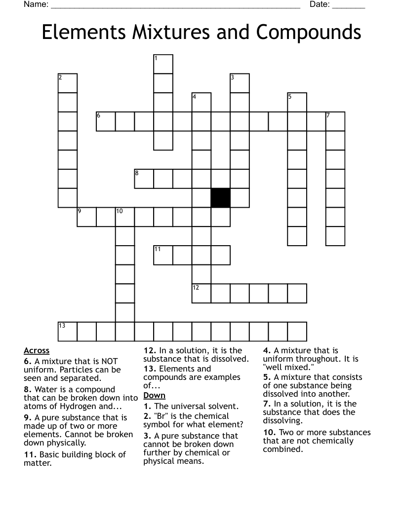 Elements Mixtures and Compounds Crossword