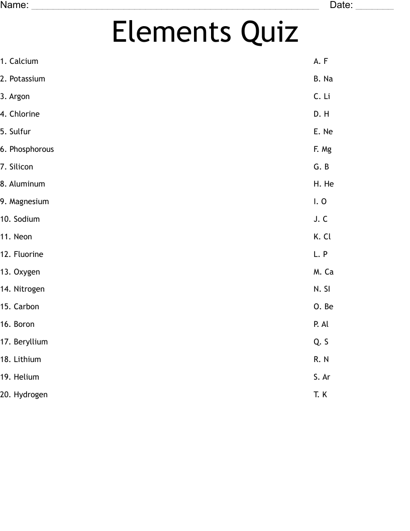 Elements Quiz Worksheet