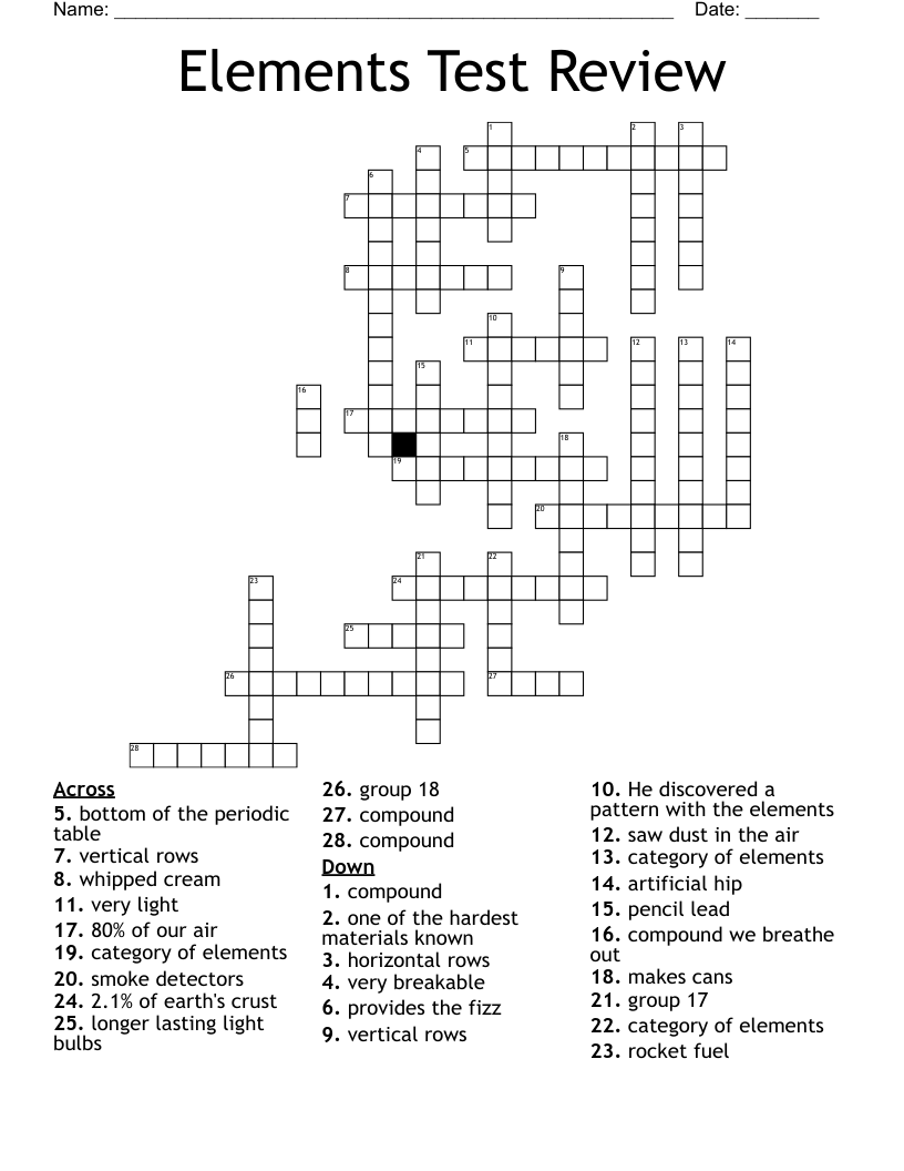 Elements Test Review Crossword