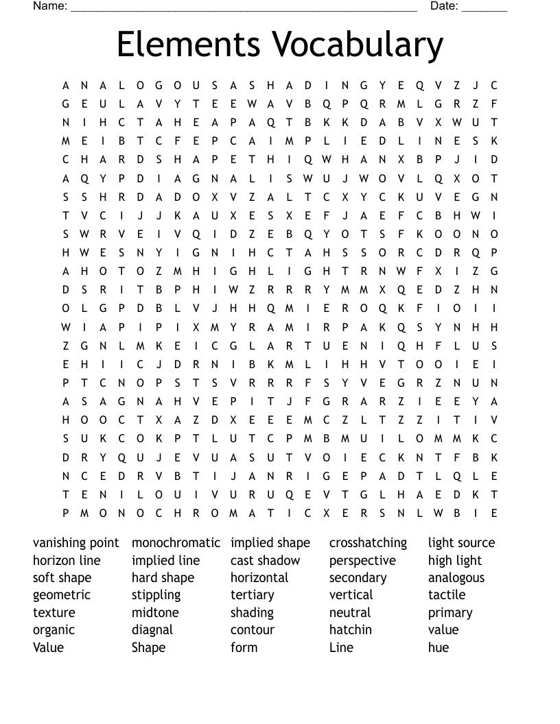 Elements Vocabulary Word Search