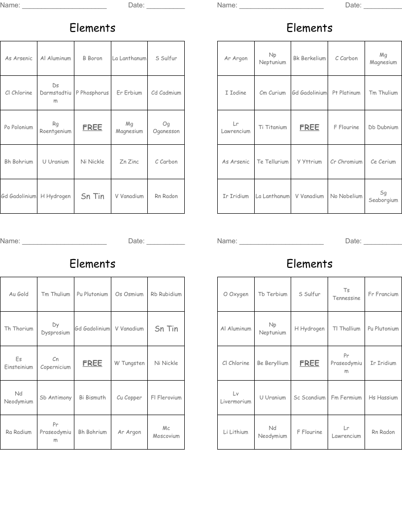 Elements  Bingo Cards