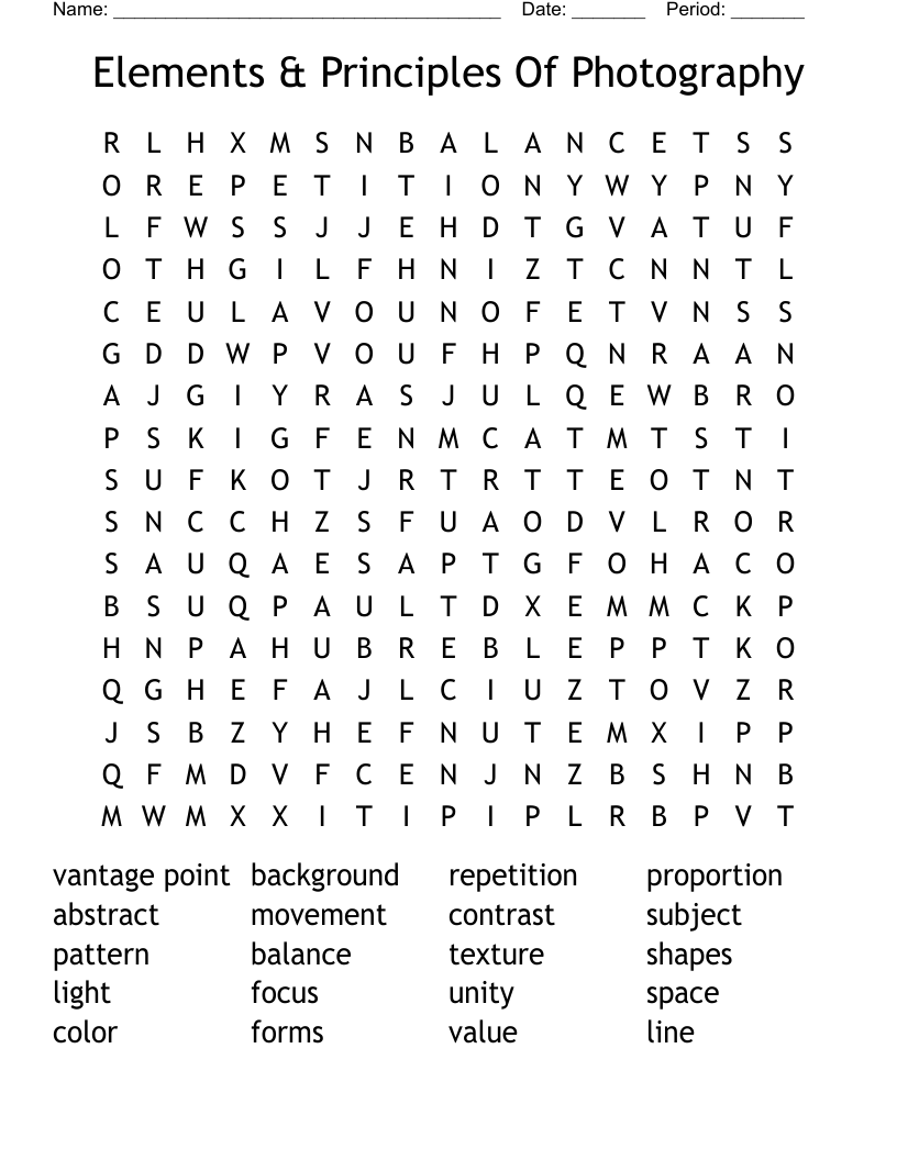 Elements & Principles Of Photography Word Search